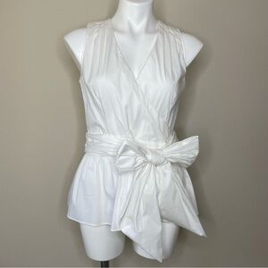1901 White Sleeveless Faux Wrap Blouse with Peplum Hem and Large Matching Sash